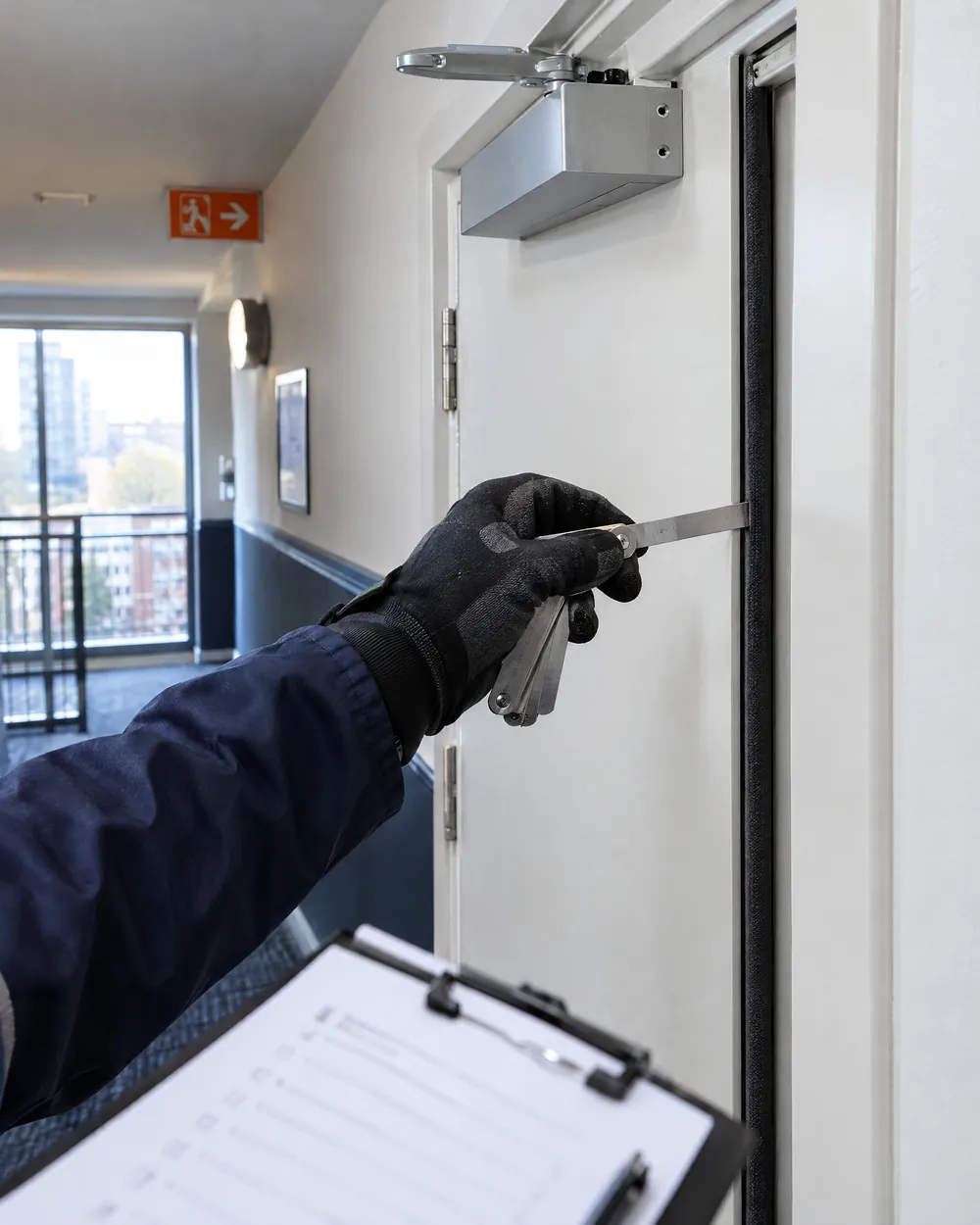Checking the gap and intumescent seal on a communal fire door during a survey